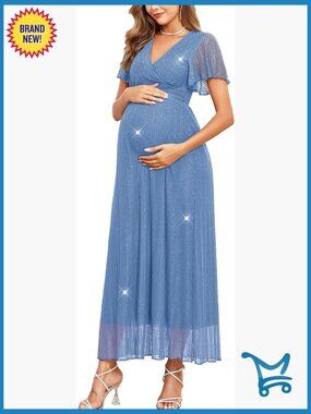 Maternity Sparkly Mesh Maxi Dress V-Neck Ruffle Sleeve Flowy Pregnancy